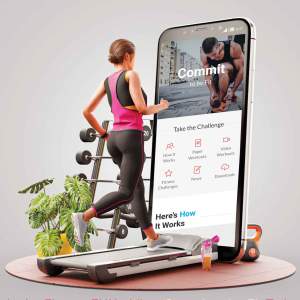 Illustration of a woman using a treadmill while looking at a mobile device displaying a fitness challenge site